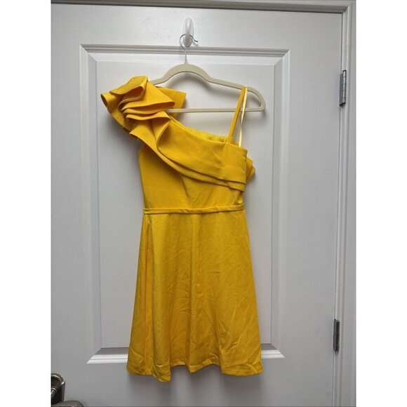 Mac Duggal Size 0 Yellow One Shoulder Ruffle Mini Sheath Cocktail Dress New - Picture 7 of 12